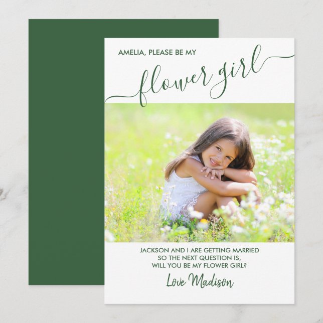 Flower Girl Green and White Photo Proposal Card (Front/Back)