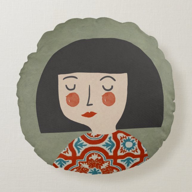 Flower girl illustration round pillow (Front)
