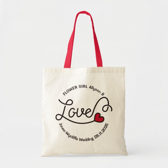 Flower Girl Name Wedding Love Red Heart Typography Tote Bag (Front)