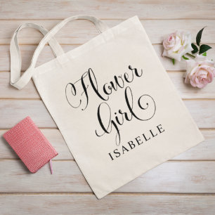 Flower Girl Personalized Black Script Wedding Tote Bag