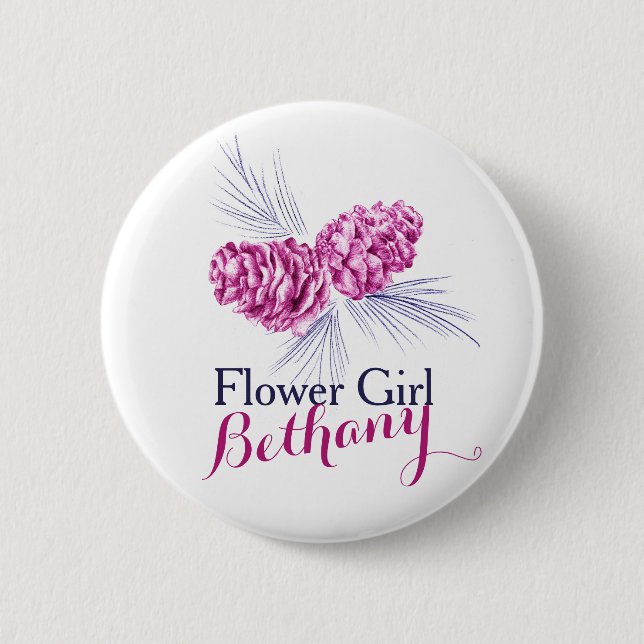 Flower girl pine cone plum navy wedding pin button (Front)