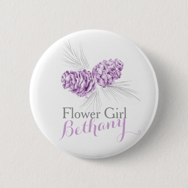 Flower girl pine cone purple wedding pin button (Front)