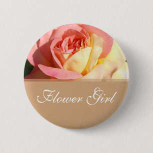 Flower girl pink yellow rose wedding name button. 2 inch round button