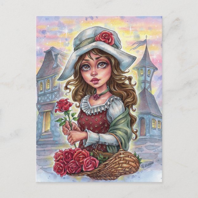 Flower Girl Postcard Medieval Fairytale Town Roses (Front)