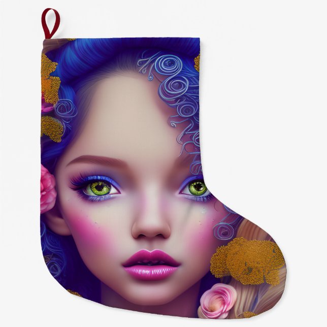 Flower Girl Princess Inspired by Ukrainian Culture Large Christmas Stocking (Front)