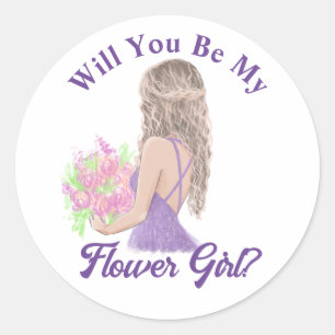 flower girl proposal,  modern purple script classic round sticker