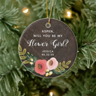 Flower Girl Proposal Personalized Floral Barnwood Ceramic Ornament