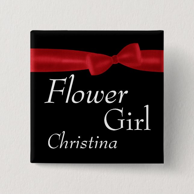 FLOWER GIRL Red Bow Wedding Custom Name 2 Inch Square Button (Front)