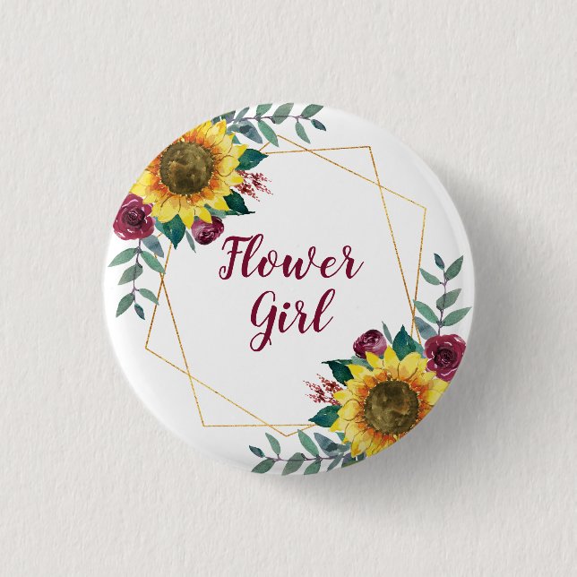 Flower Girl Sunflower Geometric Burgundy 1 Inch Round Button (Front)