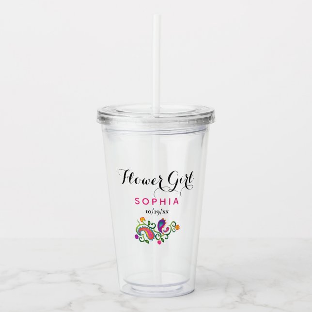 Flower Girl Wedding Colourful Pink Paisley Floral Acrylic Tumbler (Front)