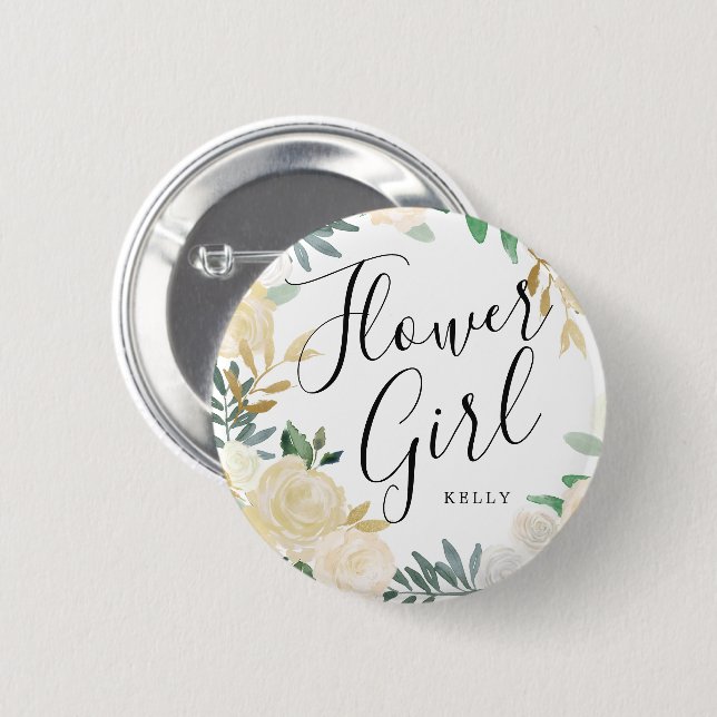 Flower Girl White Rose Bouquet Custom Wedding 2 Inch Round Button (Front & Back)
