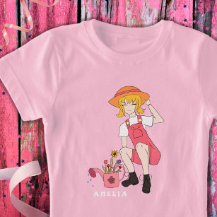 Flower Girl with Watering Can Blond Hair Name T-Shirt
