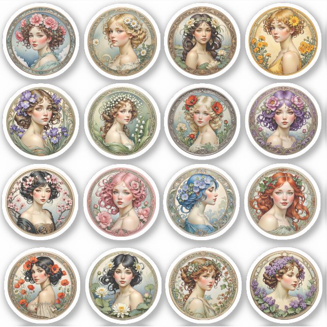 Flower Girls Round Art Nouveau Vinyl Stickers (Front)