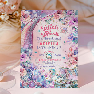 Flower Glitter Mermaid Tail 2nd Birthday  Invitation