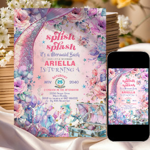 Flower Glitter Mermaid Tail 4th Birthday  Invitation