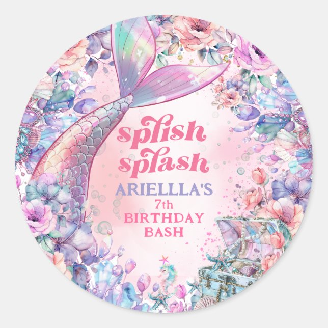 Flower Glitter Mermaid Tail 7th Birthday Classic Round Sticker (Front)