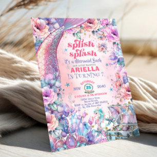 Flower Glitter Mermaid Tail 7th Birthday  Invitation