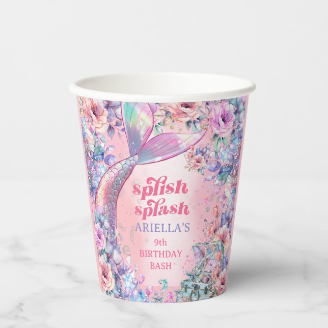 Flower Glitter Mermaid Tail 9th Birthday Paper Cups (Front)