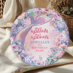 Flower Glitter Mermaid Tail 9th Birthday Paper Plate