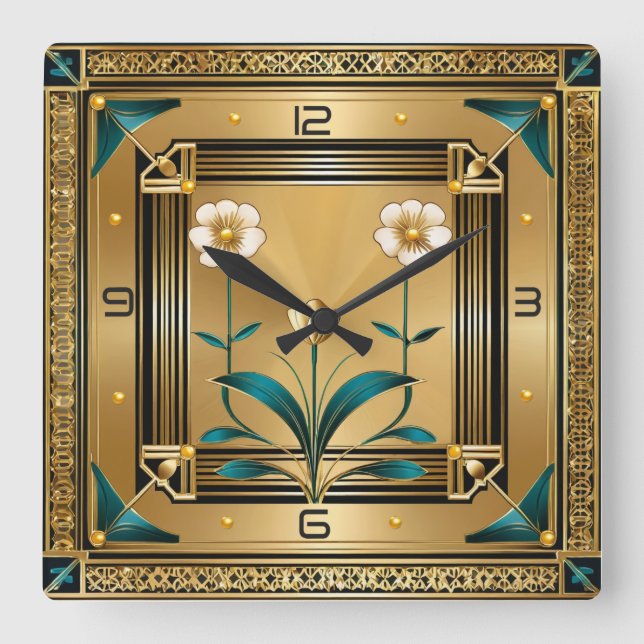 Flower Gold Art Deco Square Wall Clock (Front)