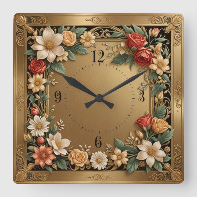  Flower Gold Square Wall Clock (Front)