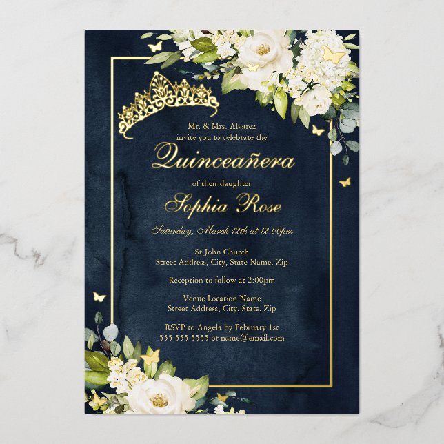 Flower Golden Butterfly Navy Quinceanera  (Front)