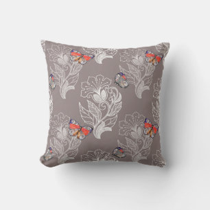 Flower graphic and butterfly, watercolor, pattern throw pillow