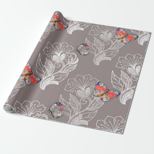 Flower graphic and butterfly, watercolor, pattern  wrapping paper