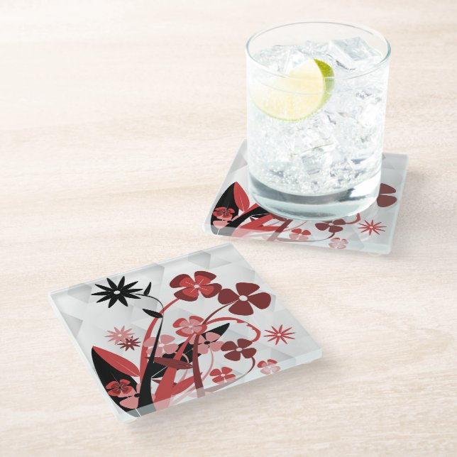 Flower Graphic in Red and Black Glass Coaster (Angled)