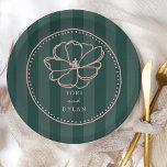 Flower Green Stripe Wedding Paper Plate<br><div class="desc">Floral line drawing over green stripe background with hand drawn frame.</div>