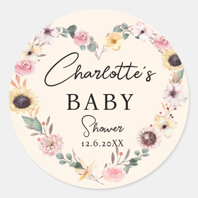 Flower-Heart BABY Shower     Classic Round Sticker (Front)