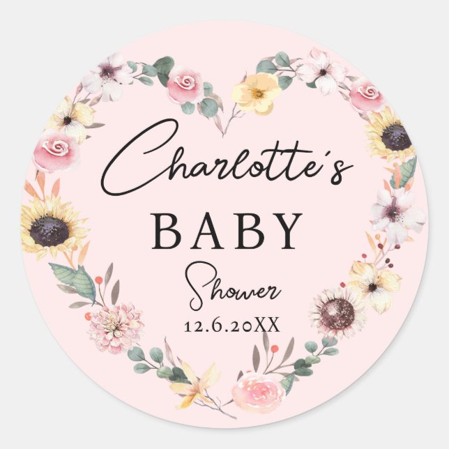 Flower-Heart BABY Shower     Classic Round Sticker (Front)