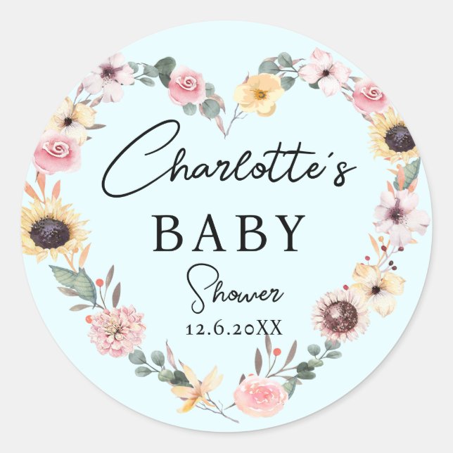 Flower-Heart BABY Shower     Classic Round Sticker (Front)