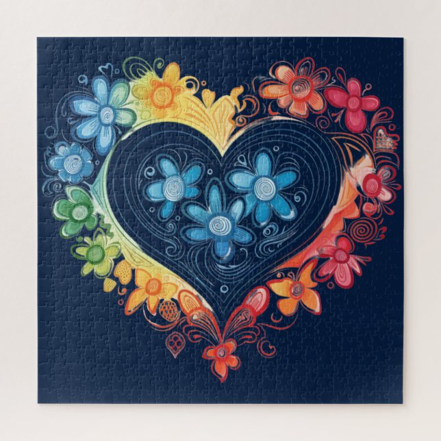 Flower Heart Dark Blue Puzzle (Vertical)