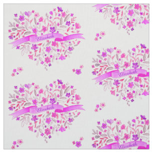 Flower heart pink purple name watercolor art fabric
