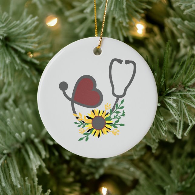 Flower Heart Stethoscope Ceramic Ornament (Tree)