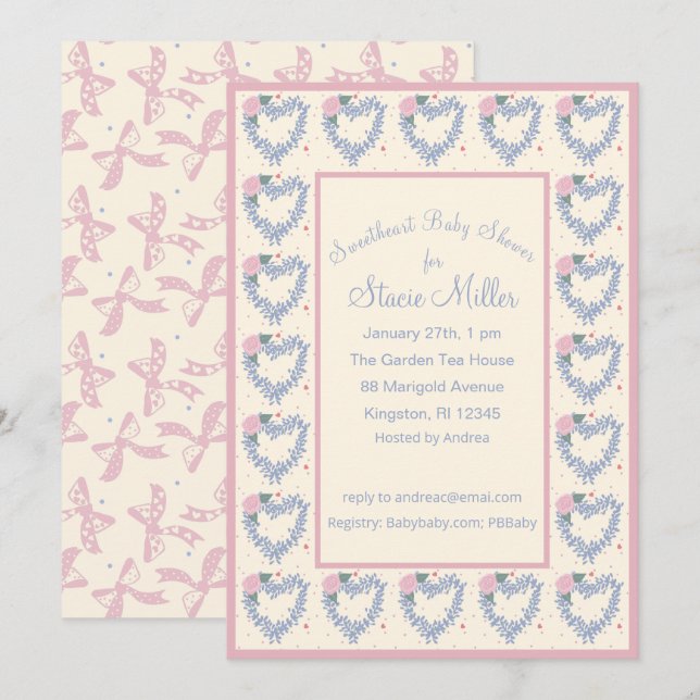Flower Hearts and Bows Pink Baby Shower Invitation (Front/Back)