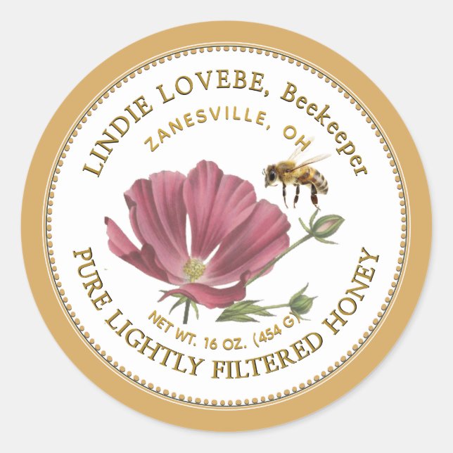 Flower Honey Label with Pink Flower and Bee  (Front)