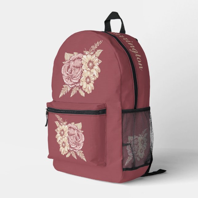 Flower Illustration custom name Printed Backpack (Back Corner Right)