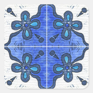 Flower in Blue Inspired by Portuguese Azulejos Square Sticker