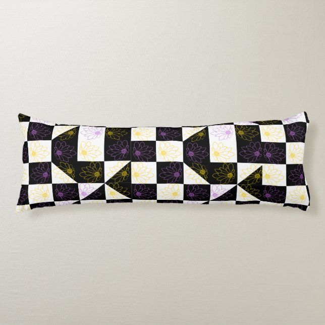 flower in Monochrome Aesthetic Chequered pattern Body Pillow (Front)