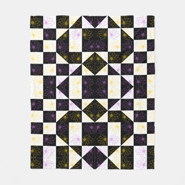flower in Monochrome Aesthetic Chequered pattern Fleece Blanket (Front)