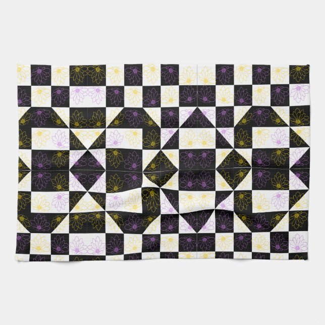 flower in Monochrome Aesthetic Chequered pattern Kitchen Towel (Horizontal)