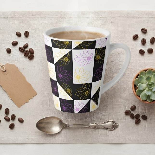 flower in Monochrome Aesthetic Chequered pattern Latte Mug (Creator Uploaded)