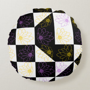 flower in Monochrome Aesthetic Chequered pattern Round Pillow