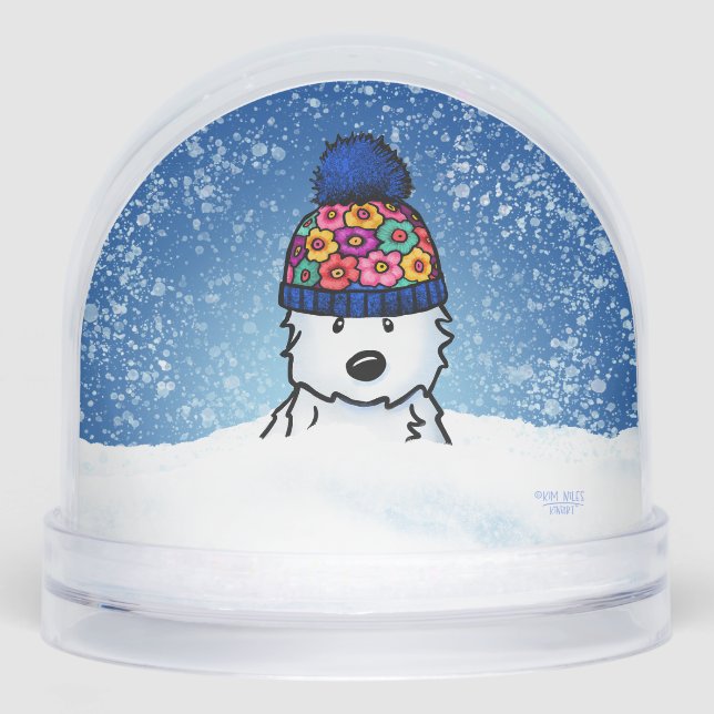 Flower Knit Hat Westie Snowglobe (Front)
