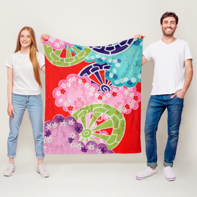 Flower, Leaf, Wheel Pattern, Japanese Design Fleece Blanket (In Situ)