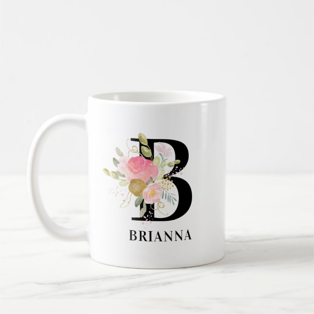 Flower Letter Pink and Gold Floral Monogrammed Coffee Mug (Left)