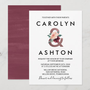Flower Lettering   Maroon Rose Gold Wedding Invitation