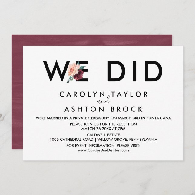 Flower Lettering | Maroon We Did Reception Only Invitation (Front/Back)